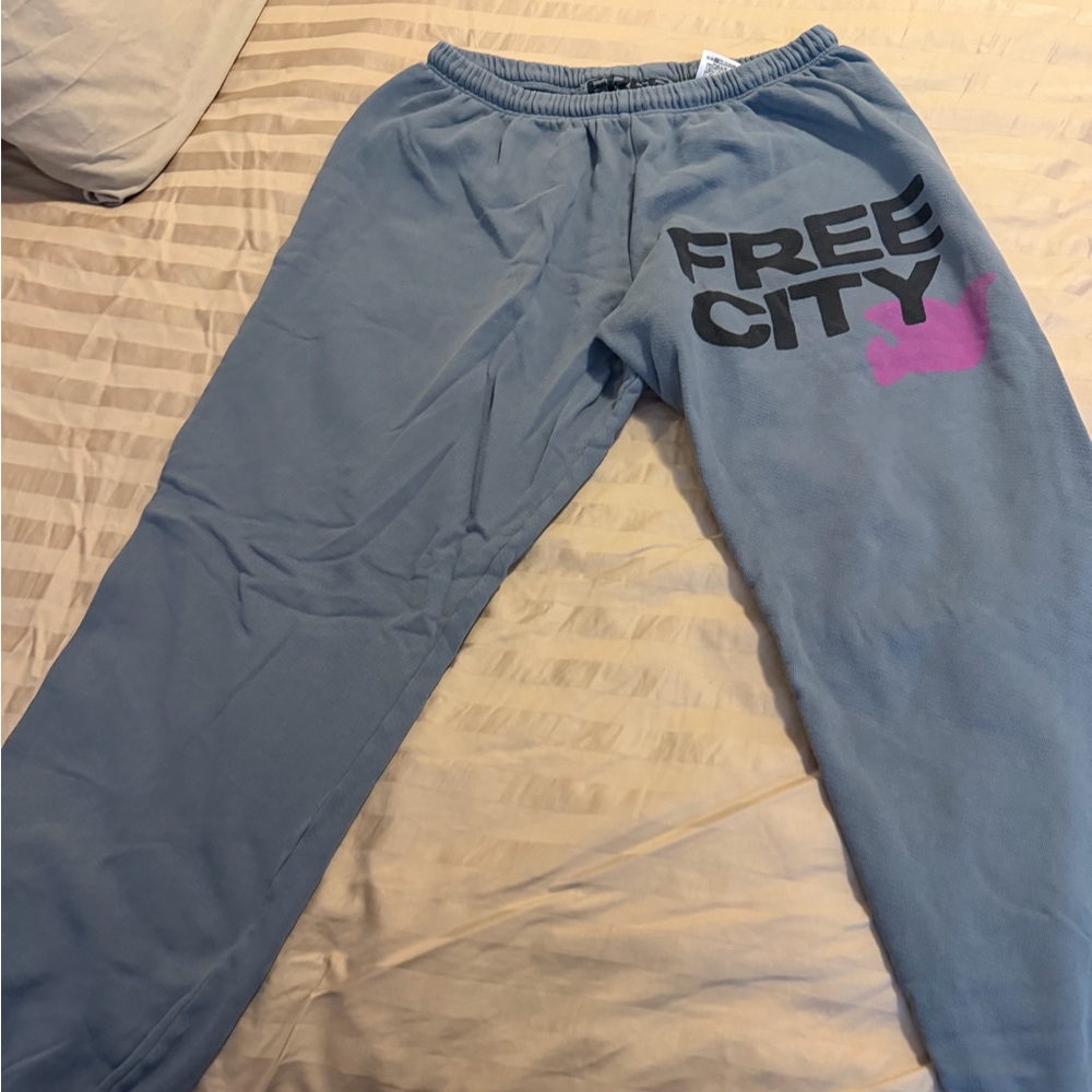 freecity Blue Track Pants with Black & Pink Logo